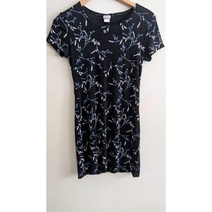 Spice Clothing‎ Black Floral Print Short Sleeve Bodycon Dress Women sz Small 90s